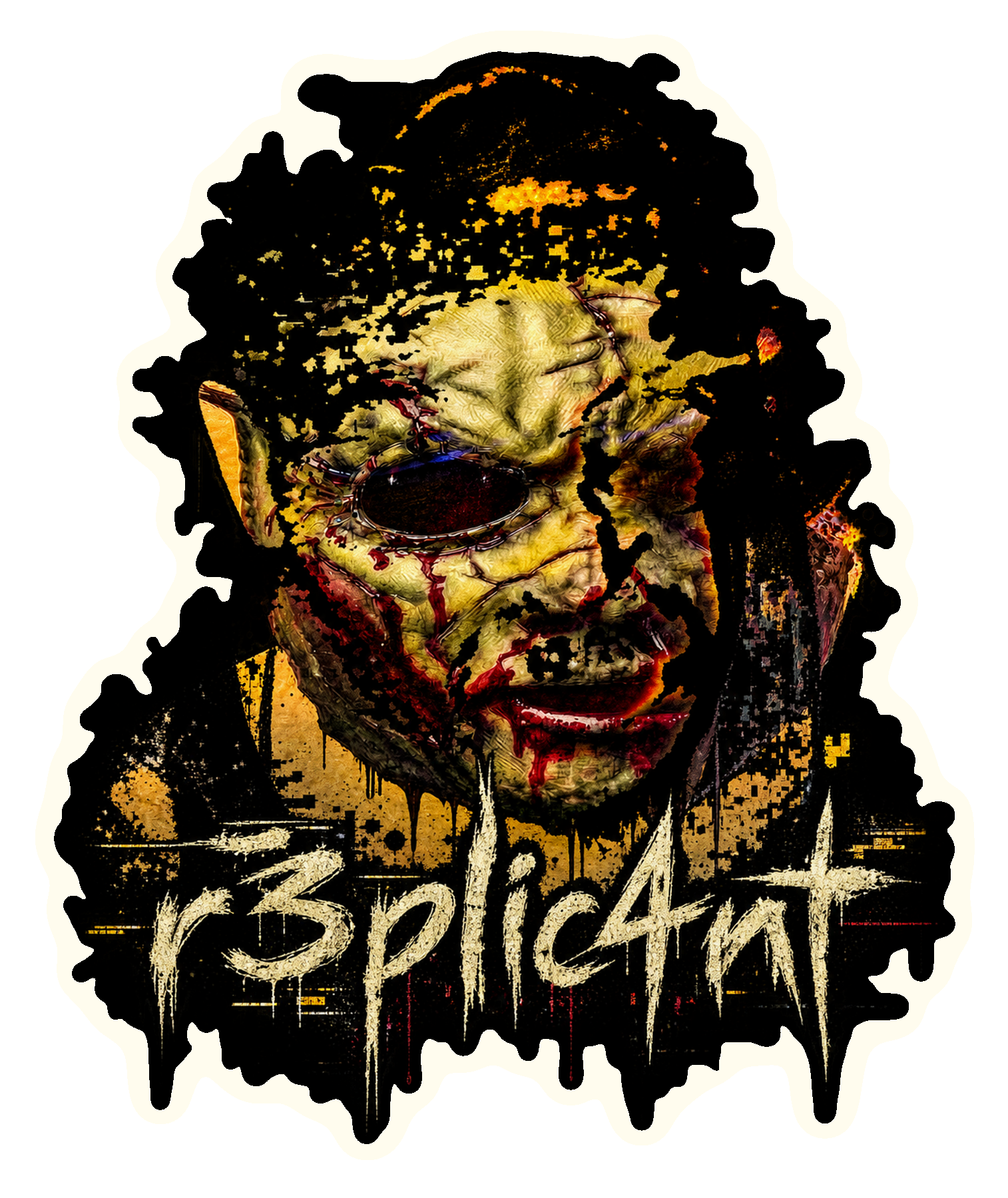 Portrait Blade r3plic4nt sticker with a white border around the fractured portrait artwork